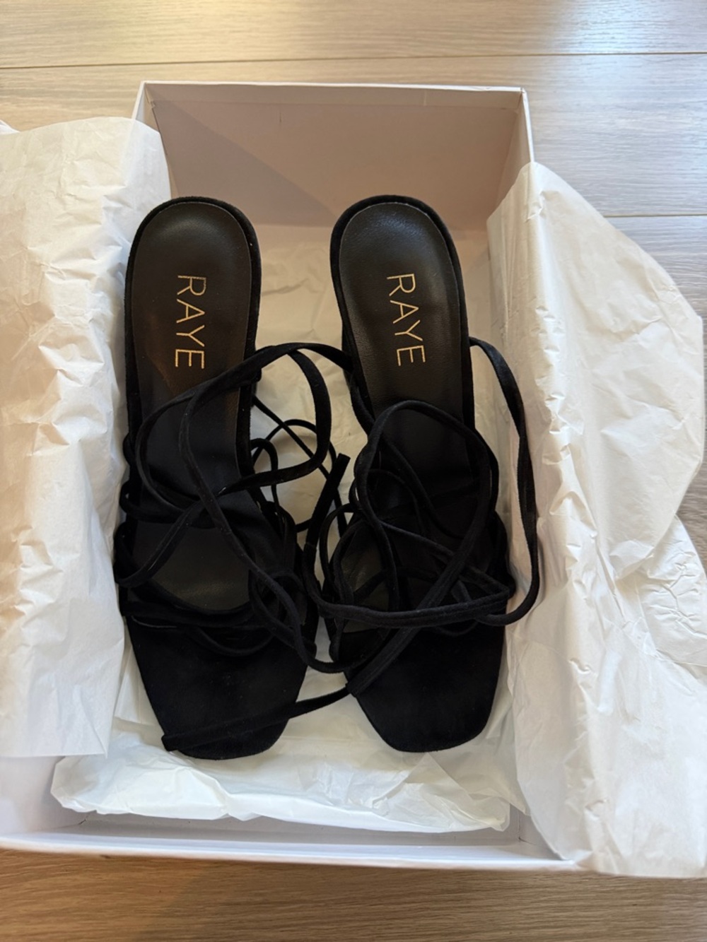 RAYE Black Lace-Up Square Toe Heeled Sandals
